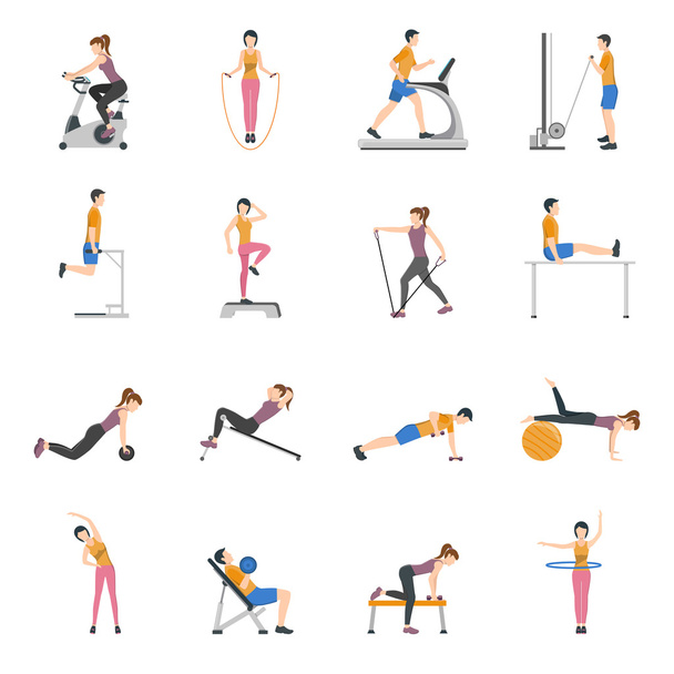 People Training At Gym Icons Set - Vector, Image