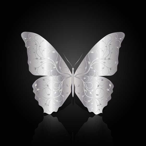 Silver abstract butterfly on black background - Vektori, kuva