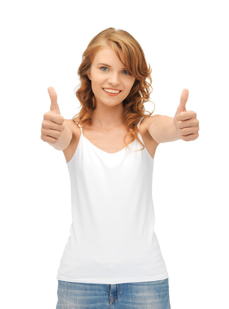 Teenage girl in blank white t-shirt with thumbs up - Foto, afbeelding