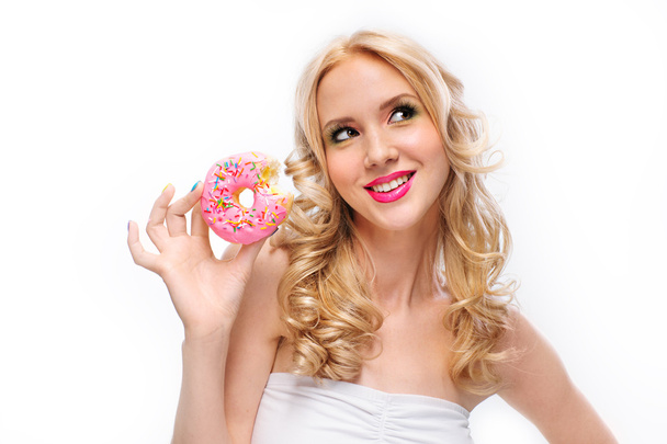 Funny joyful woman with sweets, dessert. Diet, dieting concept. - 写真・画像