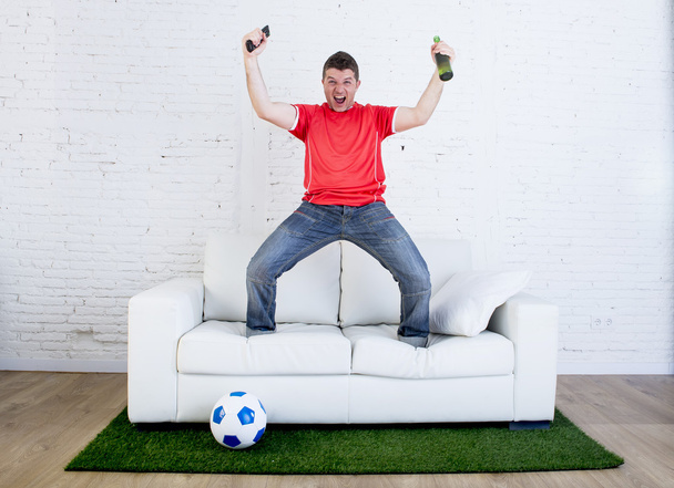 fã de futebol assistindo tv futebol comemorando gol no sofá no tapete grama emulando campo de estádio
 - Foto, Imagem