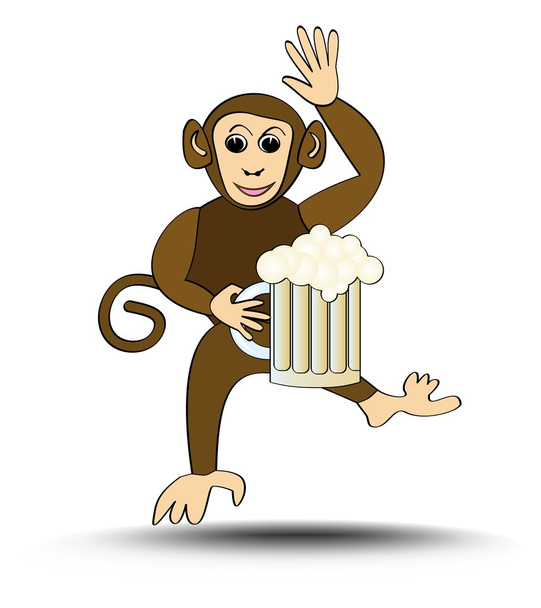 Ugró vicces majom egy korsó sör. Aranyos jelzőtábla, egy étterem, söröző és söröző - Vektor, kép