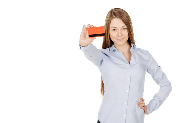 portrait of young smiling business woman holding credit card. isolated on white background. technology, shopping, banking and lifestyle concept - Φωτογραφία, εικόνα