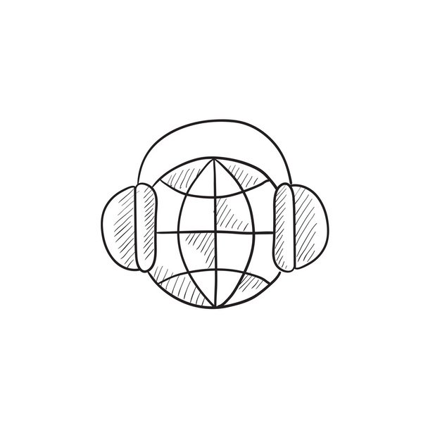 Globe in headphones sketch icon. - Vector, afbeelding