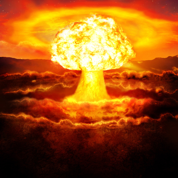 砂漠で原爆の強力な爆発。原子力戦争 - 写真・画像