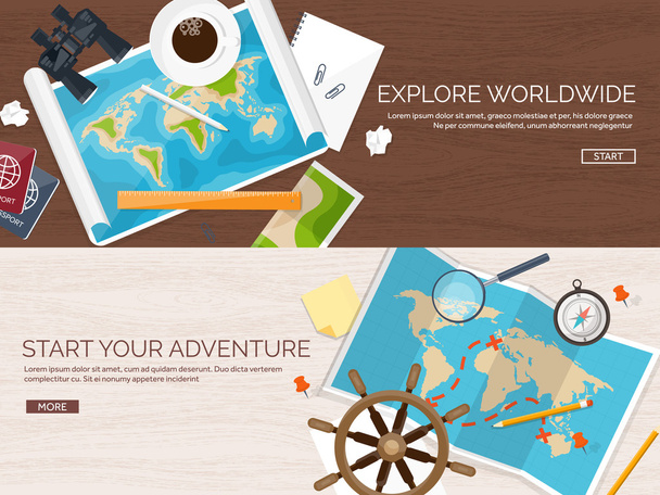 Travel and tourism. Flat style. World, earth map. Globe. Trip, tour, journey, summer holidays. Travelling,exploring worldwide. Adventure,expedition. Table, workplace. Traveler. Navigation or route - Vector, Image