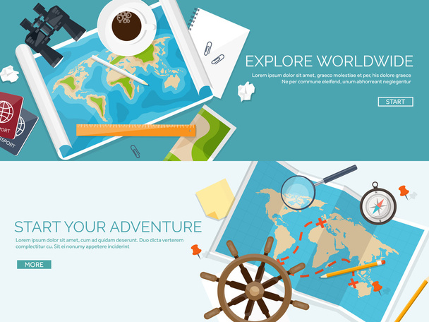 Matkailu ja matkailu. Litteään tyyliin. Maailma, Maan kartta. Globe! Matka, kiertue, matka, kesälomat. Matkustaa, tutkia maailmaa. Seikkailu, retkikunta. Pöytä, työpaikka. Matkustaja. Navigointi tai reitti
 - Vektori, kuva