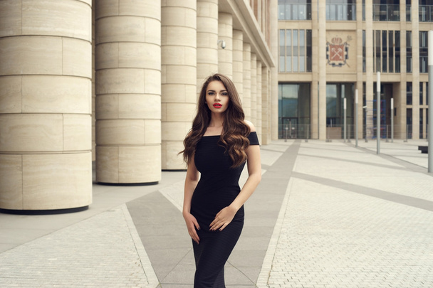 Pretty beautiful business woman in elegant black dress - Фото, изображение