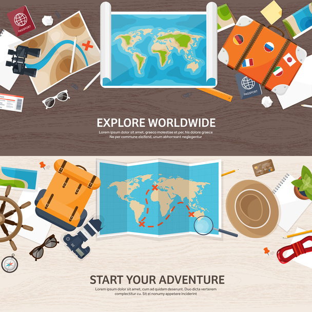 Ταξίδια και τουρισμός. Επίπεδη στυλ. Κόσμο, Χάρτης της γης. Globe. Ταξίδι, περιοδεία, ταξίδι, καλοκαιρινές διακοπές. Ταξίδια, εξερεύνηση σε όλο τον κόσμο. Περιπέτεια, εκστρατεία. Τραπέζι, στο χώρο εργασίας. Ταξιδιώτη. Πλοήγησης ή διαδρομή - Διάνυσμα, εικόνα