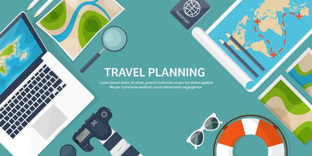Travel and tourism. Flat style. World, earth map. Globe. Trip, tour,journey,summer holidays. Travelling, exploring worldwide. Adventure,expedition. Table,workplace. Traveler. Navigation or route - Vector, Image