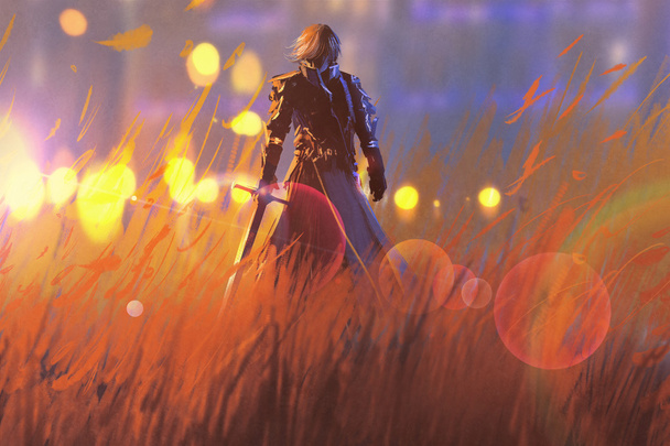 guerrero caballero de pie con espada en el campo
 - Foto, Imagen