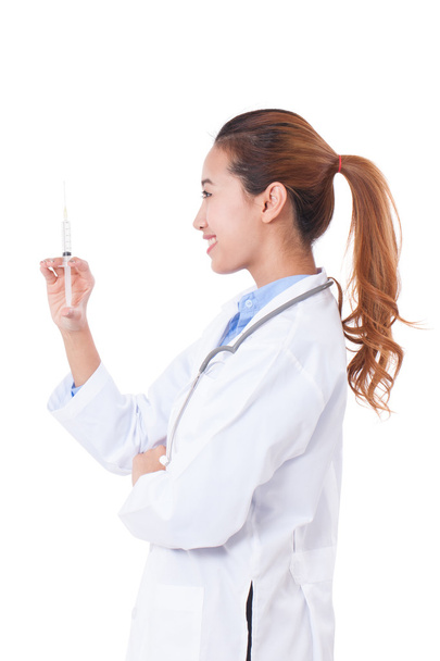 female doctor holding syringe with injection. healthcare and medical concept - Foto, imagen