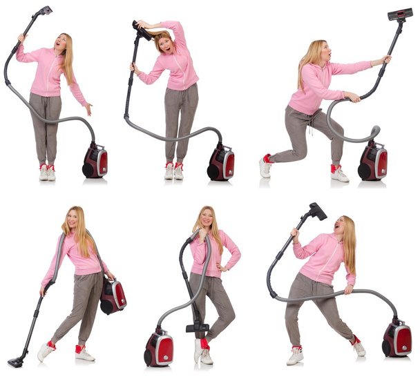 Young woman with vacuum cleaner on white - Foto, Imagem