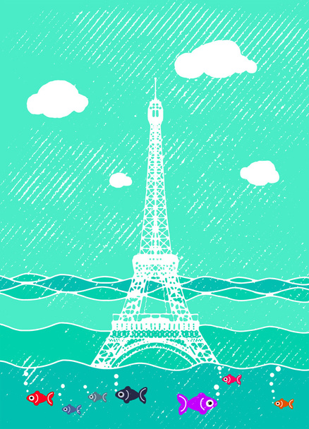Záplava Eiffelových věží. Francie přitahuje pod vodou. Katastrofa v nominální hodnotě - Vektor, obrázek