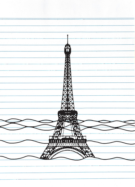 Záplava Eiffelových věží. Francie přitahuje pod vodou. Katastrofa v nominální hodnotě - Vektor, obrázek