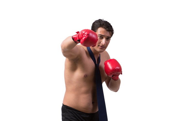 Empresario desgarrado con guantes de boxeo aislados en blanco
 - Foto, Imagen