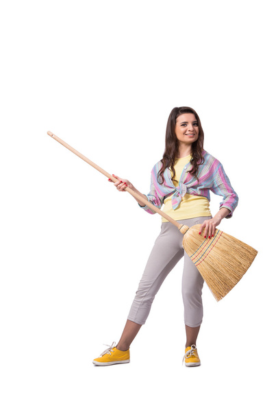 Woman sweeping floor isolated on white - Fotó, kép