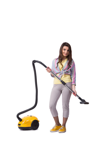Woman with vacuum cleaner isolated on white - 写真・画像