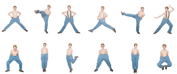 Забавна людина з брюками ізольована на білому
 - Фото, зображення