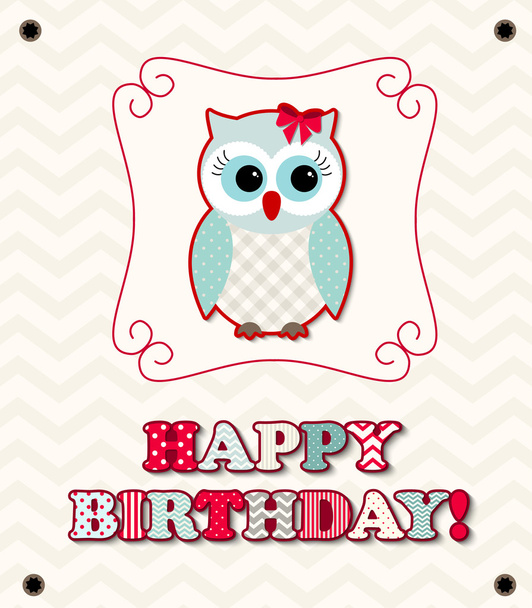 Cute owl with colorful patterned letters, birthday card, illustration - Vector, Imagen