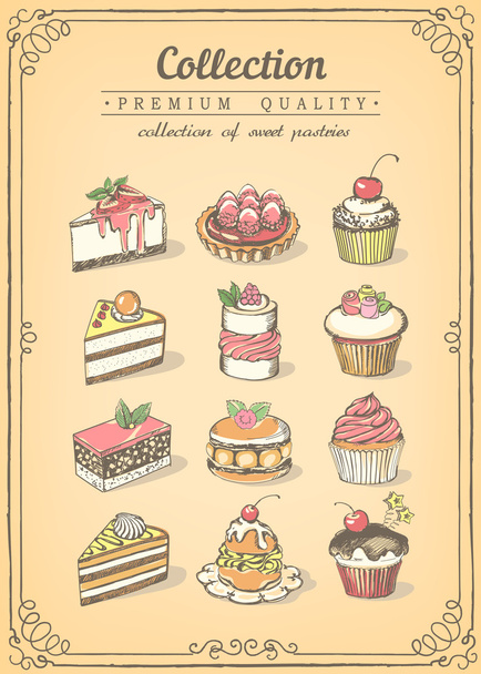 Set of hand-drawn vector icons pastries. Collection of cupcakes - Vector, imagen