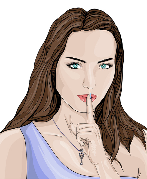 Dessiné portrait jeune femme, doigt sur les lèvres, clé, fille secrète
 - Vecteur, image