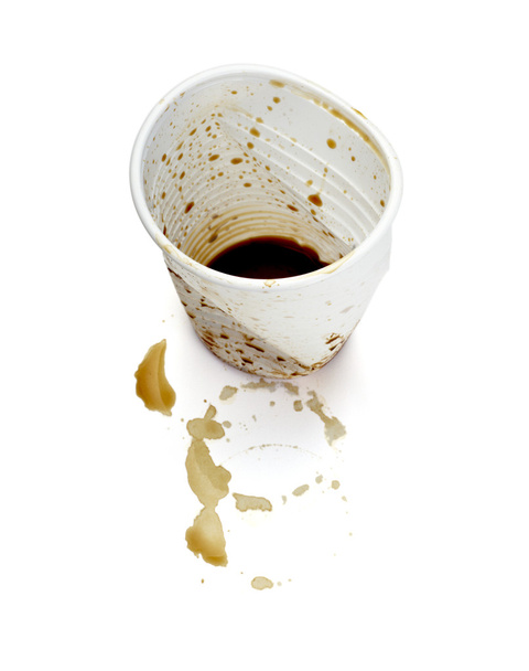 Plastic cup of coffee dring beverage food office spilled messy - Foto, afbeelding