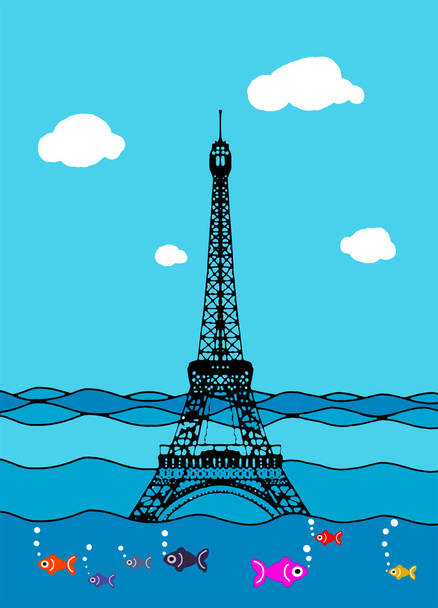 Eyfel kulesi seli. Fransa cazibe sualtı. Paris'te felaket - Vektör, Görsel