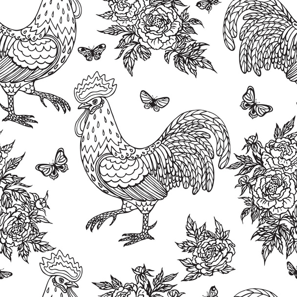 Pattern with contoured rooster, butterflies and flowers - Vecteur, image