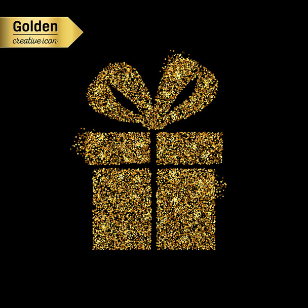 Gold glitter vector icon of gift box isolated on background. Art creative concept illustration for web, glow light confetti, bright sequins, sparkle tinsel, abstract bling, shimmer dust, foil. - Vektör, Görsel