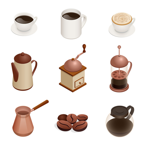 Coffee Icons with White Background. Graphic concept for web sites, web banner, mobile apps, infographics. Flat 3d vector isometric illustration. - Вектор, зображення