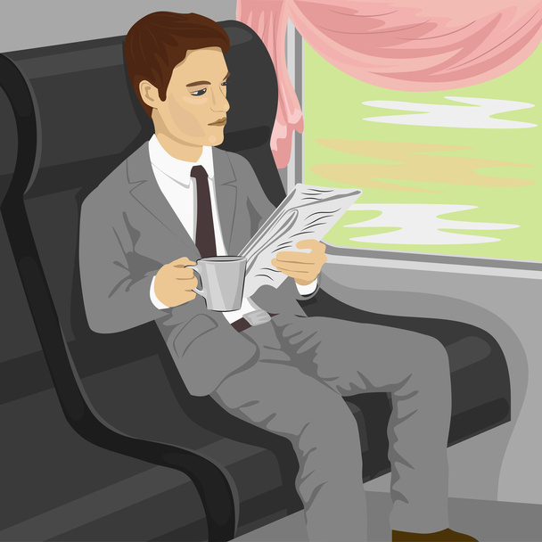 Businessman reading newspaper on train - Vector, imagen