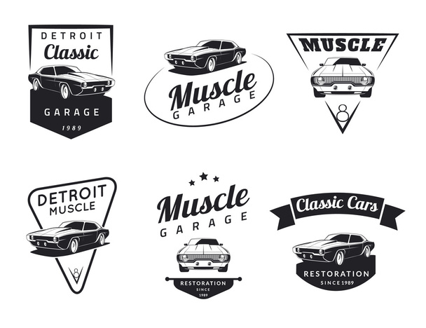 Classic muscle car emblems, badges and icons. Car logo. - Вектор, зображення