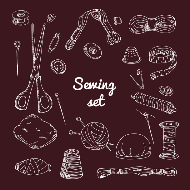 Vector set with sewing equipment. Hand drawn tailor tools.  - Vector, Image
