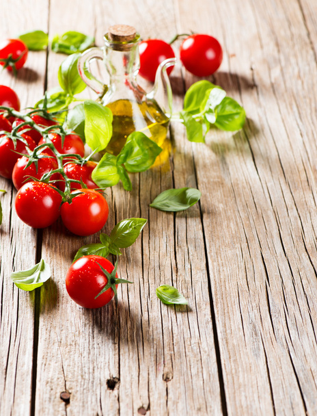 Sprig of tomatoes cherry, basil and olive oil. - Zdjęcie, obraz