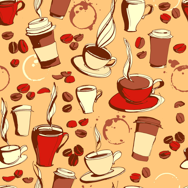 Grungy hand drawn ink coffee to go, cups, mugs, beans and letter - Vector, Image