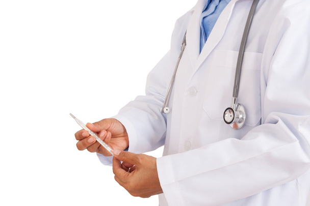 female doctor holding thermometer with stethoscope. - Zdjęcie, obraz