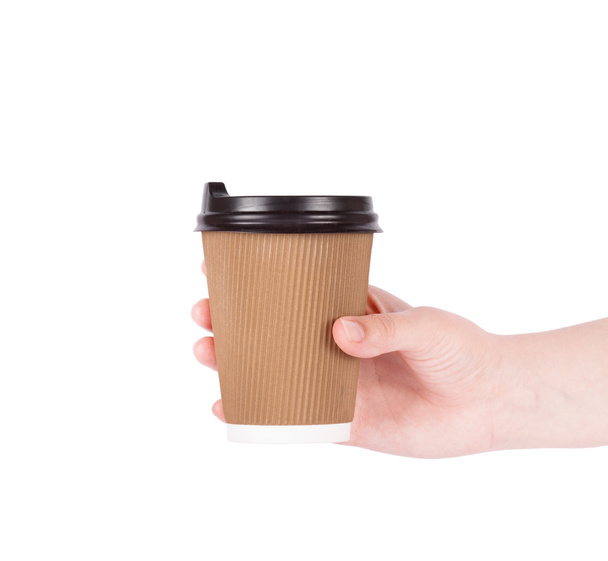 taza de café desechable en la mano - Foto, Imagen