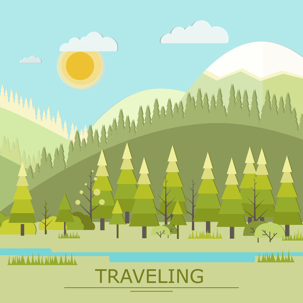 Summer Traveling Vector Illustration. Landscape with Mountain Pe - Wektor, obraz