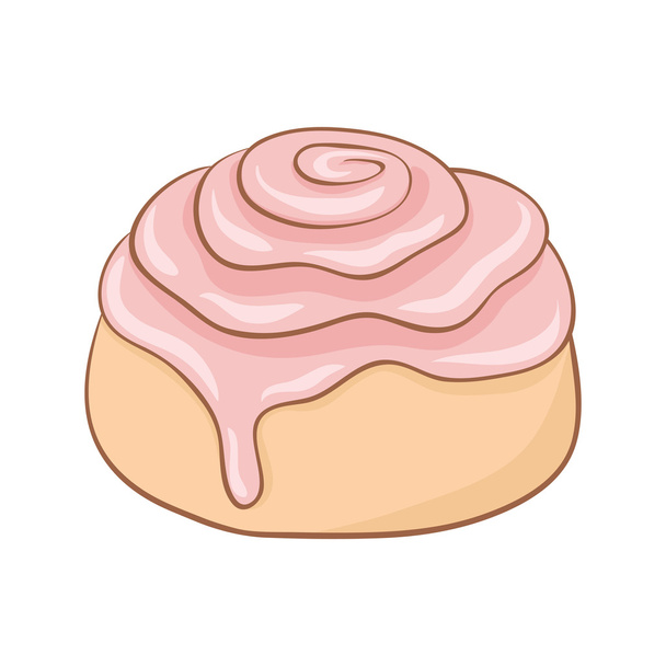 Freshly baked cinnamon roll with sweet pink flavored frosting. - Vector, Image