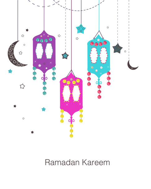 Ramadan Kareem com Lâmpadas coloridas, Crescentes e Estrelas. Lanterna tradicional de fundo vetor Ramadã
 - Vetor, Imagem