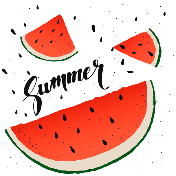 Watermelon slices background. Vector summer background with hand drawn slices of watermelon and hand lettering "Summer". Vector. - Vektör, Görsel