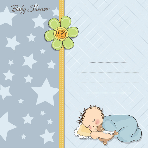 Baby shower card with little baby boy sleep with his teddy bear toy - Photo, Image