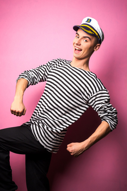 very attractive young man model dressed like a sailor - studio shoot - 写真・画像