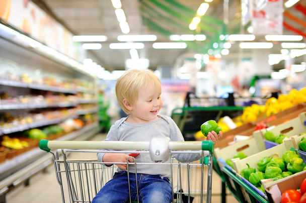 Toddler boy sitting in the shopping cart in a supermarket - Photo, Image