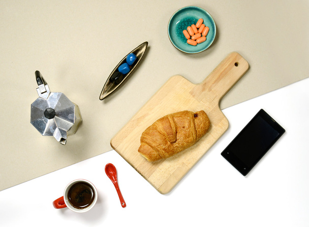 flat lay - breakfast stuff - Φωτογραφία, εικόνα