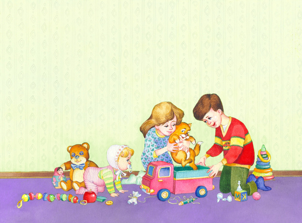 Watercolor illustration. Children playing in the room - Photo, Image
