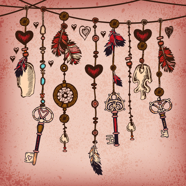 Romantic vintage background with ethnic feathers, dream catcher and ethnic elements. - Vector, Image