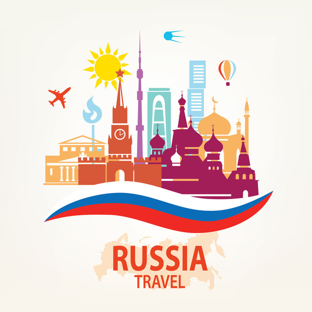 Rusland reizen achtergrond, set van beroemde Russische en Moskow symbo - Vector, afbeelding
