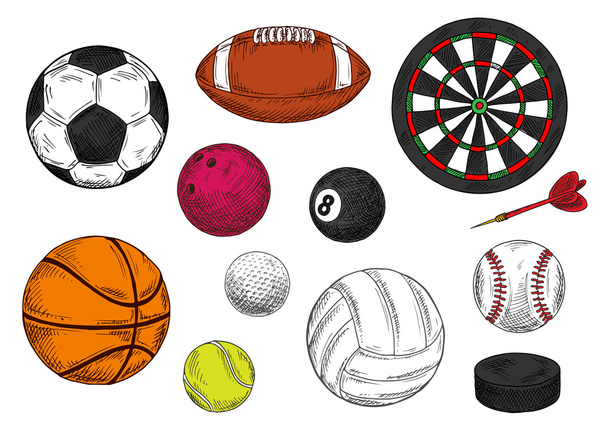 Sporting balls, dartboard and hockey puck sketches - Vector, Image